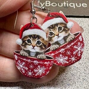 2/20 Festive Cat Earrings with Red Santa Hat